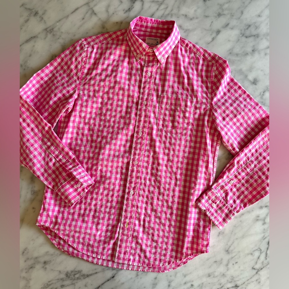CREWCUTS pink and white checkered long sleeve button-down shirt - Boys size 14